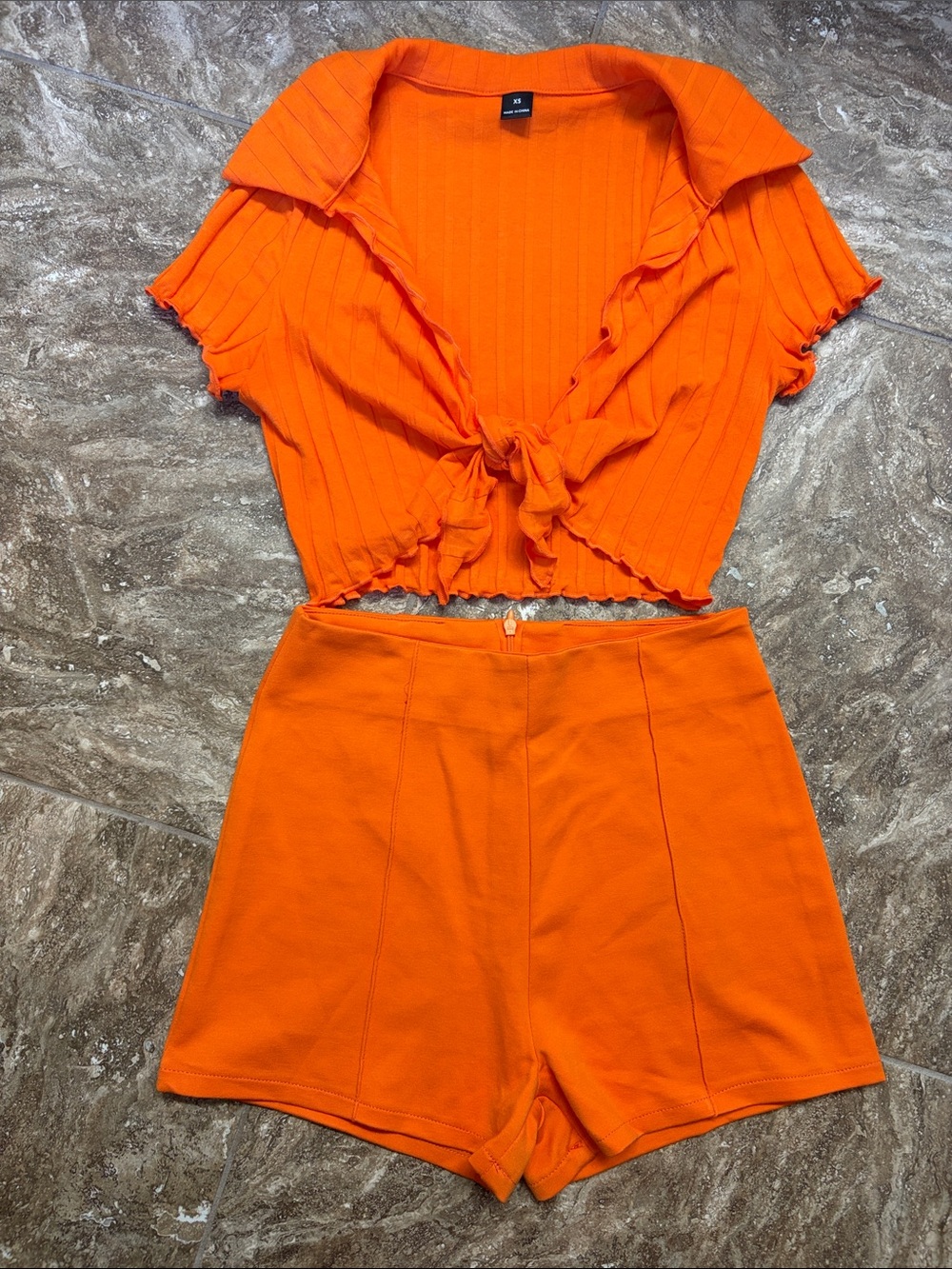 Women’s Orange Tie-Front Crop Top and Shorts Set